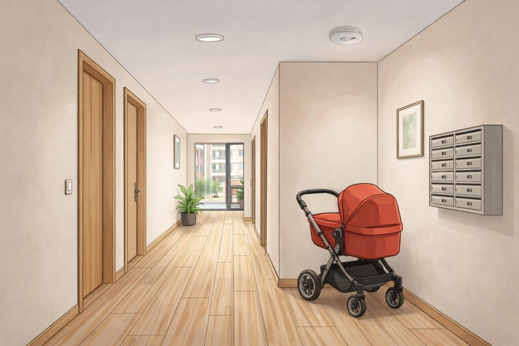 Many parents ask themselves this question when living in an apartment. Placing a stroller in the stairwell is practical, especially when space is limited inside. However, in most cases, the answer is no. In apartment buildings, the stairwell is a common area and, above all, an official escape route. This means it must remain free of obstacles.
