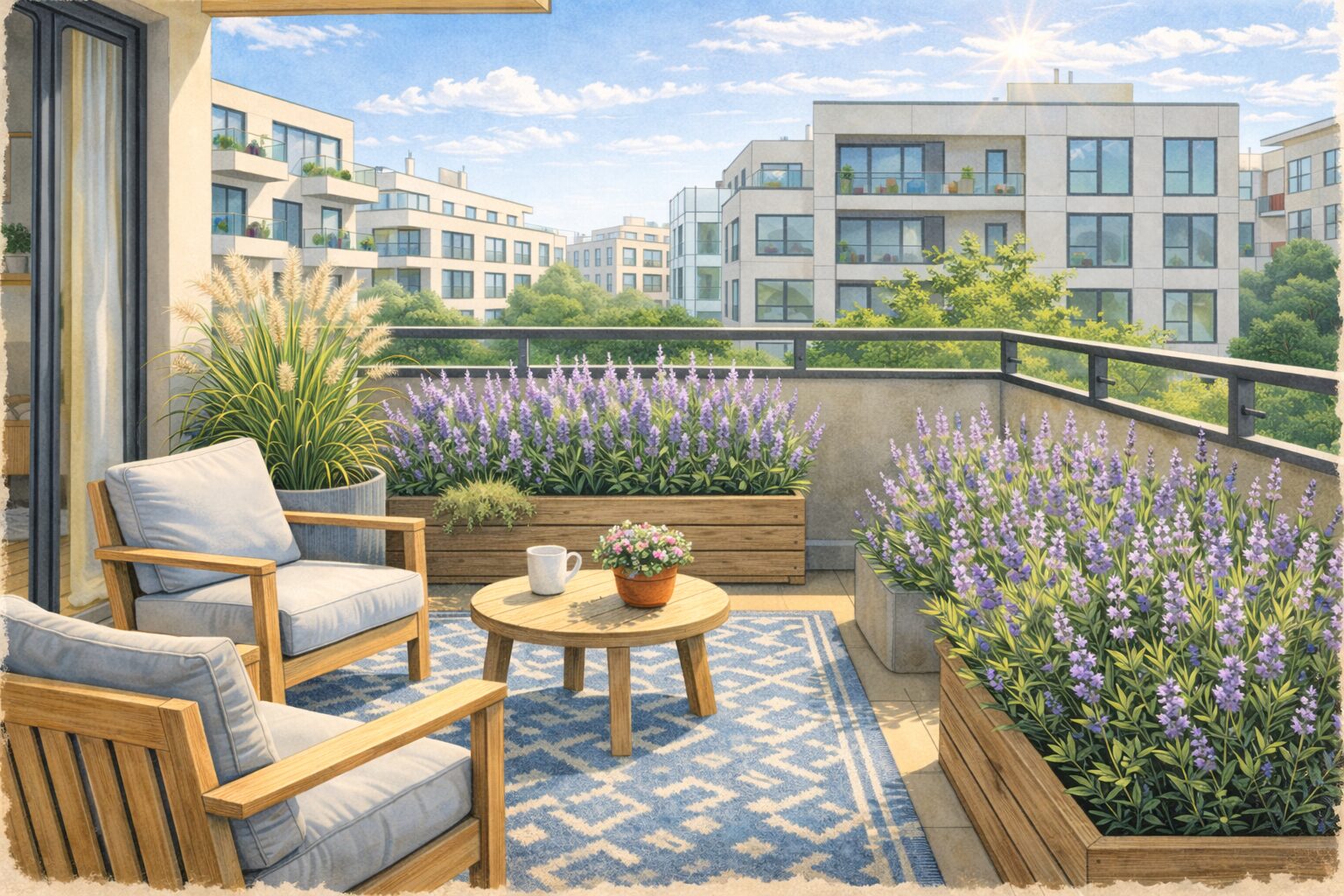 terrace with lavender Which plants are suitable for a windy roof terrace